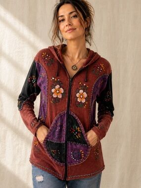 Rising International Hand Painted Nepal Cotton Hoodie Jacket XL Boho Fairy